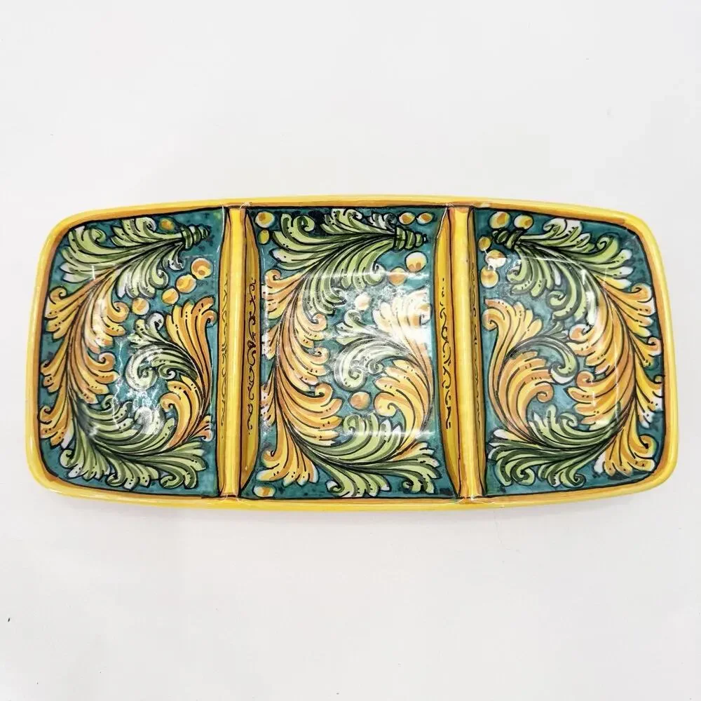 Colorful Ceramic Slotted Serving Tray Scroll Design Scaglia Caltagirone Italy